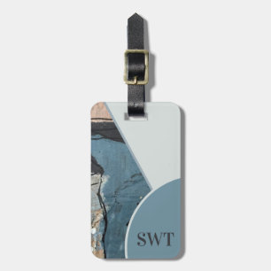 Mixed Media Abstract Grey Blue Initial Monogram Luggage Tag