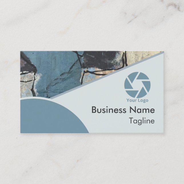 Mixed Media Abstract Grey Grey Blue QR Code Logo Business Card (Front)