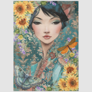 Mixed Media Beautiful Woman Face Art Collage Tissue Paper