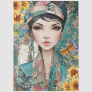 Mixed Media Beautiful Woman Face Art Collage Tissue Paper