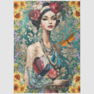 Mixed Media Beautiful Woman Face Art Collage Tissue Paper