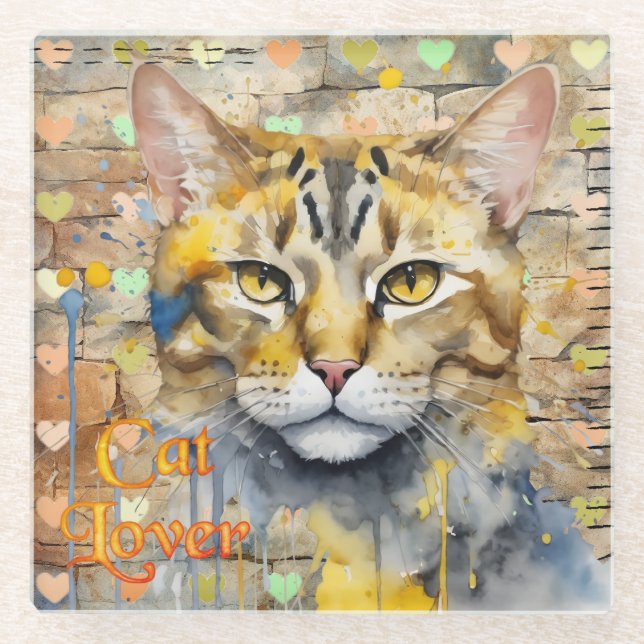 Mixed Media Cat Lover Glass Coaster (Front)