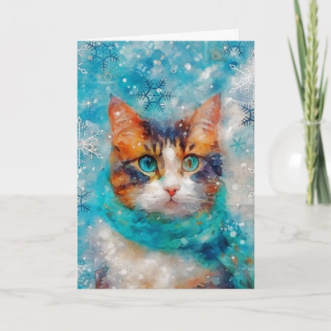 Mixed Media Cat Print Christmas Card AP412A1 (Front)