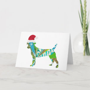 Mixed media collage art DOG PUPPY in Santa Hat Holiday Card