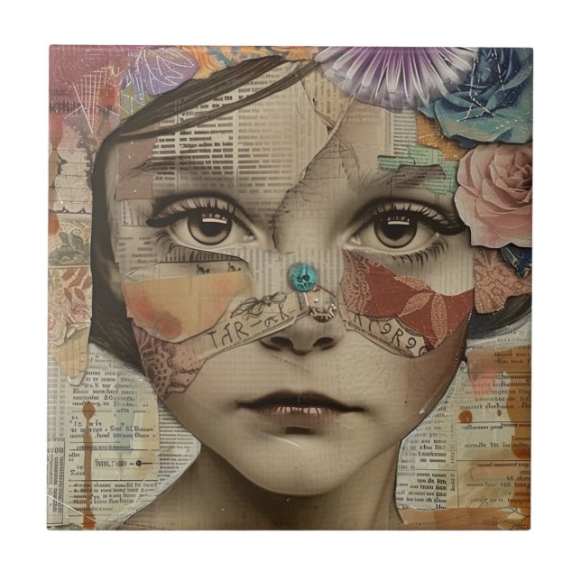Mixed Media Collage Portrait Art (10) Ceramic Tile (Front)