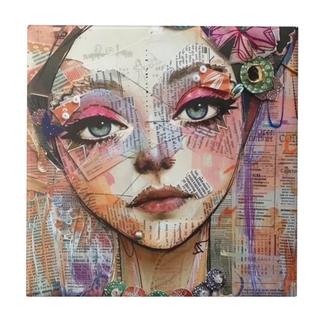 Mixed Media Collage Portrait Art (11) Ceramic Tile (Front)