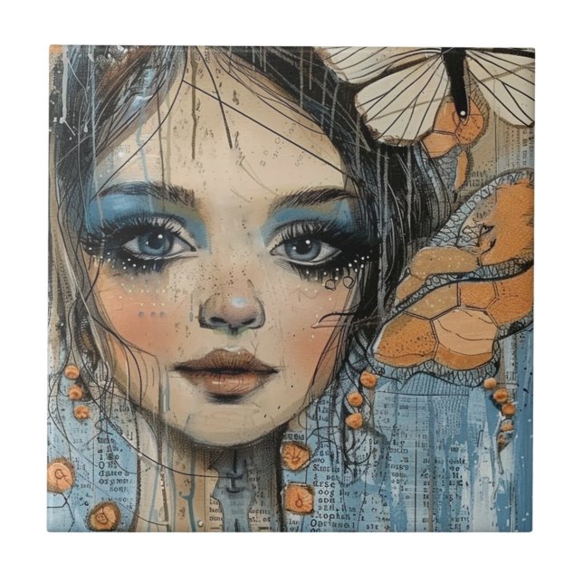 Mixed Media Collage Portrait Art (12) Ceramic Tile (Front)