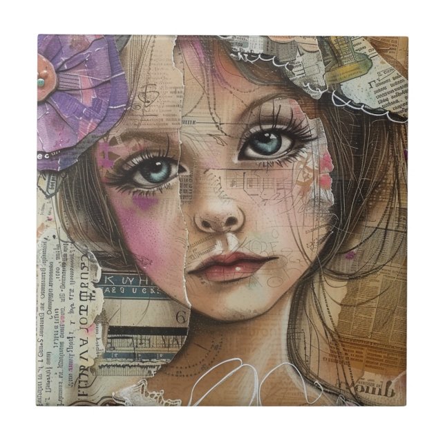 Mixed Media Collage Portrait Art (1) Ceramic Tile (Front)