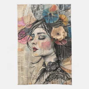 Mixed Media Collage Portrait Art (2) Tea Towel