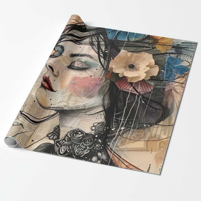 Mixed Media Collage Portrait Art (2) Wrapping Paper (Unrolled)