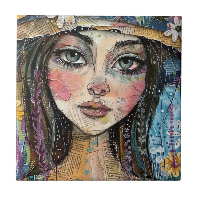 Mixed Media Collage Portrait Art (3) Ceramic Tile (Front)