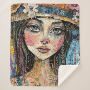 Mixed Media Collage Portrait Art (3) Sherpa Blanket