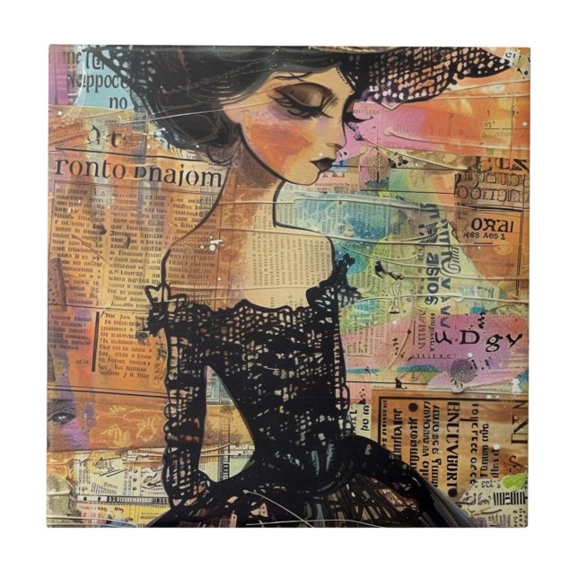 Mixed Media Collage Portrait Art (4) Ceramic Tile (Front)