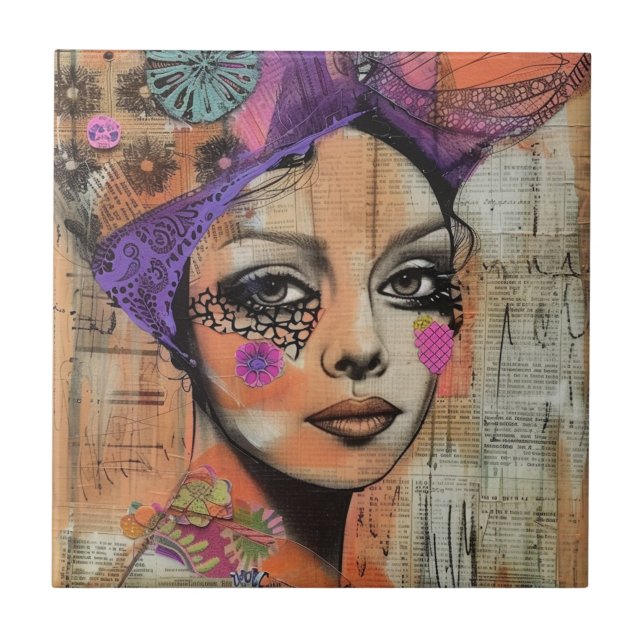 Mixed Media Collage Portrait Art (5) Ceramic Tile (Front)