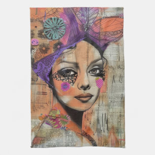 Mixed Media Collage Portrait Art (5) Tea Towel