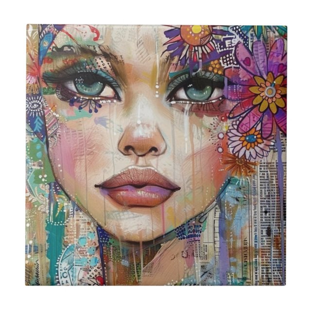 Mixed Media Collage Portrait Art (6) Ceramic Tile (Front)