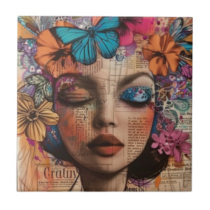 Mixed Media Collage Portrait Art (7) Ceramic Tile