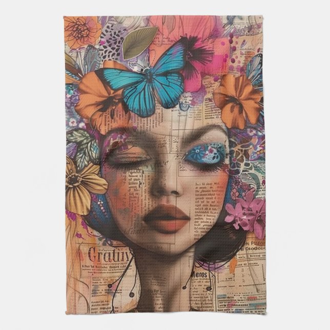 Mixed Media Collage Portrait Art (7) Tea Towel (Vertical)