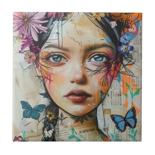 Mixed Media Collage Portrait Art (9) Ceramic Tile (Front)