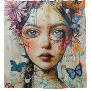 Mixed Media Collage Portrait Art (9) Shower Curtain