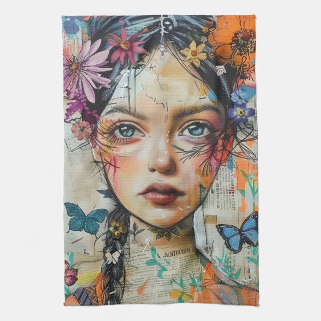 Mixed Media Collage Portrait Art (9) Tea Towel (Vertical)