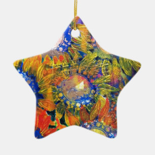 Mixed Media Collage Sunflower Painting Ceramic Ornament