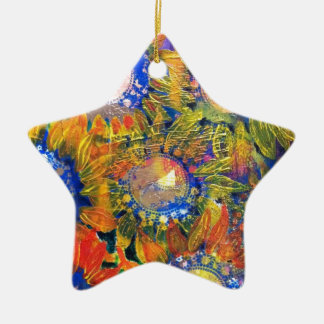 Mixed Media Collage Sunflower Painting Ceramic Ornament