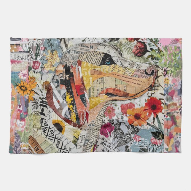 Mixed Media Floral Dog Kitchen Towel (Horizontal)