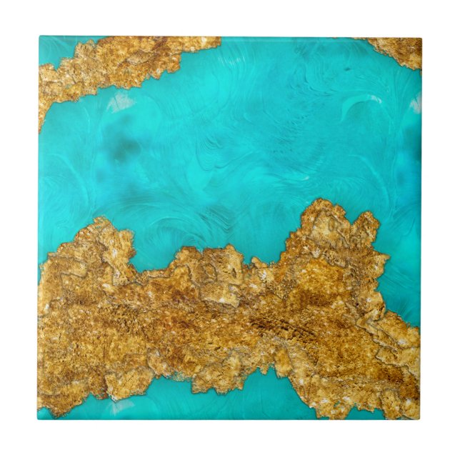 Mixed Media Gold and Turquoise Ceramic Tile (Front)