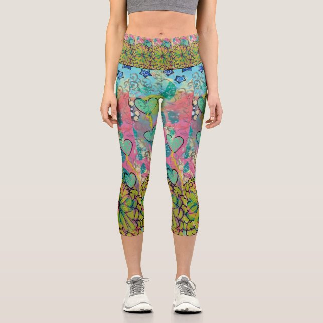 Mixed Media Hearts Capri Leggings (Front)