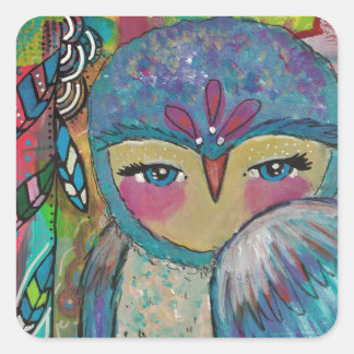 Mixed Media Owl and Feathers Sticker