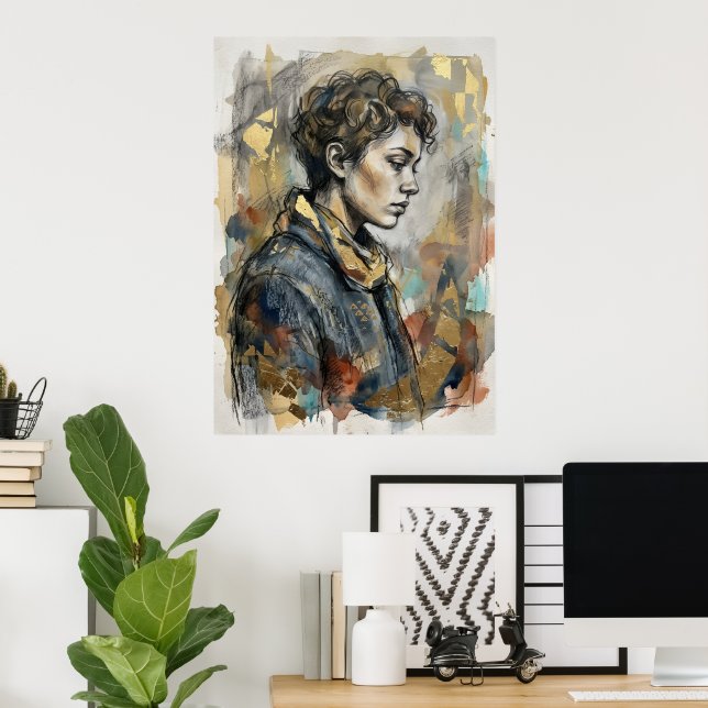 Mixed Media Portrait Profile Figure Colorful Abst Poster (Home Office)