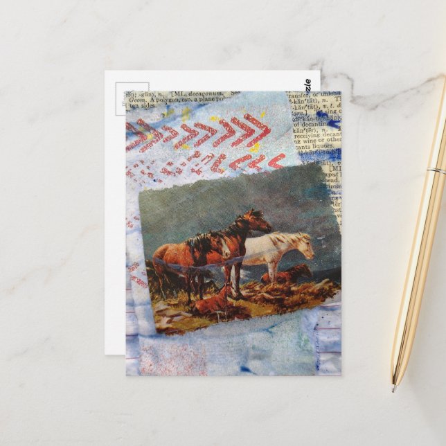 Mixed Media Retro Horses Collage Postcard (Front/Back In Situ)