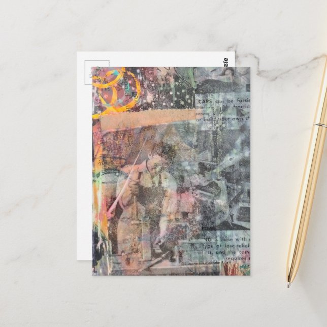 Mixed Media Retro Woodworking Collage Postcard (Front/Back In Situ)