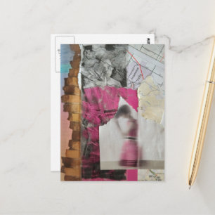mixed media woman in pink abstract collage postcard