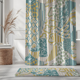 Mixed Motif Drapery Cream Yellow Aqua Mint Beige Shower Curtain