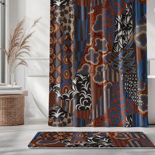 Mixed Motif Drapery Rust Brown Cobalt Blue Black Shower Curtain