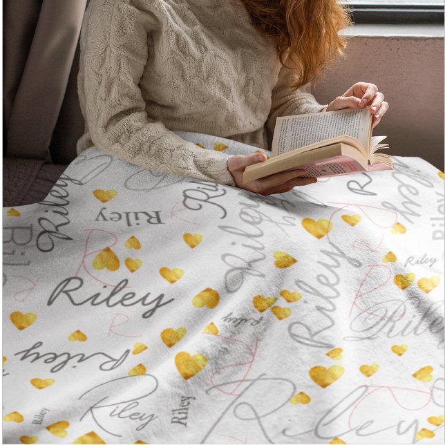 mixed names initials and gold hearts replicated  fleece blanket (Creator Uploaded)