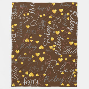 Mixed Names Initials Gold Hearts Brown Fleece Blanket
