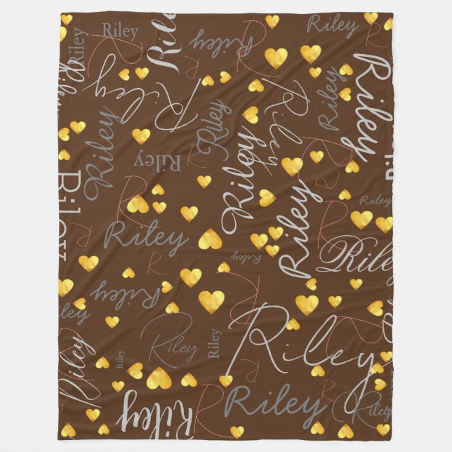 Mixed Names Initials Gold Hearts Brown Fleece Blanket (Front)