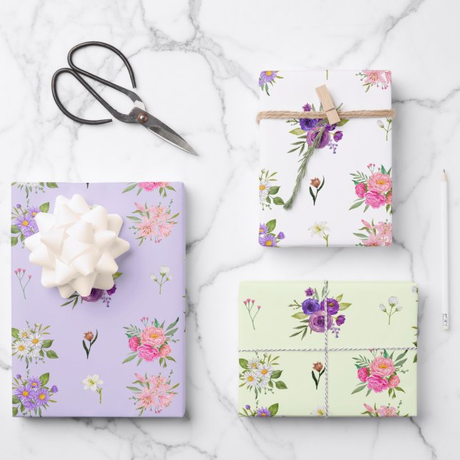 Mixed Pastel Summer Flowers Wrapping Paper Sheet (Front)