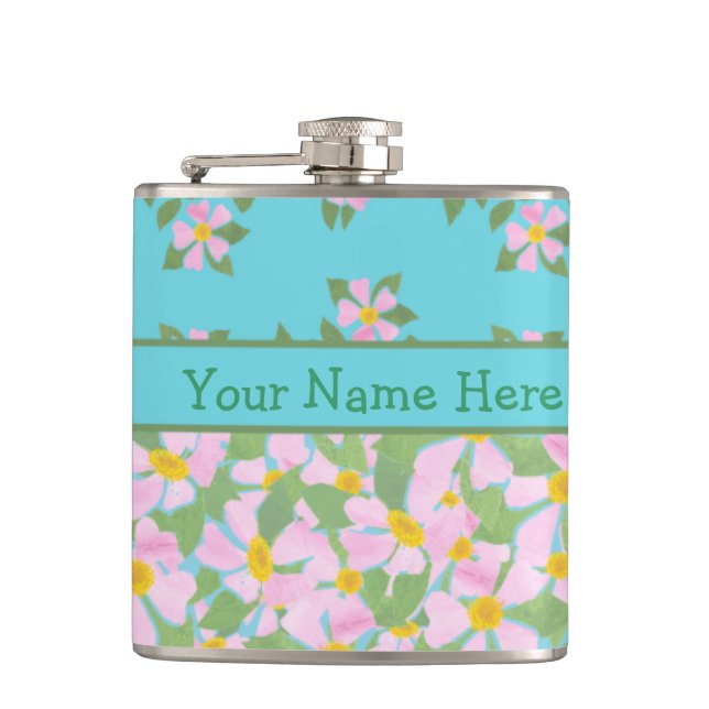 Mixed Pink Dogrose Floral Hip Flask to Personalise (Front)