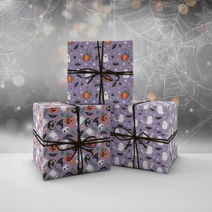 Mixed Purple Halloween Patterns Ghost Pumpkin Bat Wrapping Paper Sheet