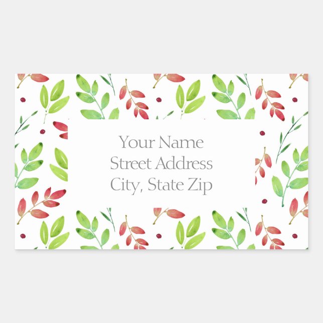 Mixed Red, Green Watercolor Leaves Pattern Labels (Front)