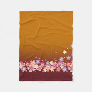 Mixed Sakura Blossoms Kimono Style Burgundy & Gold Fleece Blanket