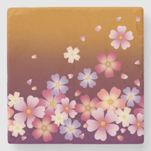 Mixed Sakura Blossoms Kimono Style Burgundy & Gold Stone Coaster