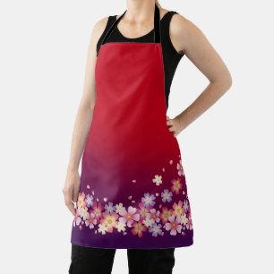 Mixed Sakura Blossoms Kimono Style Red & Purple Apron