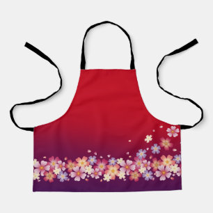 Mixed Sakura Blossoms Kimono Style Red & Purple Apron