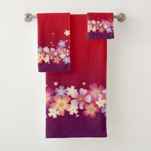 Mixed Sakura Blossoms Kimono Style Red & Purple Bath Towel Set