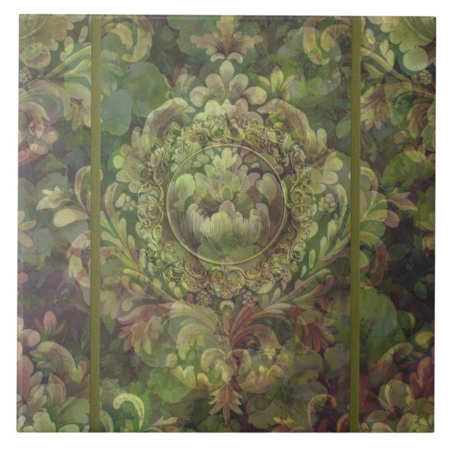 Mixed shades of green floral damask ceramic tile (Front)